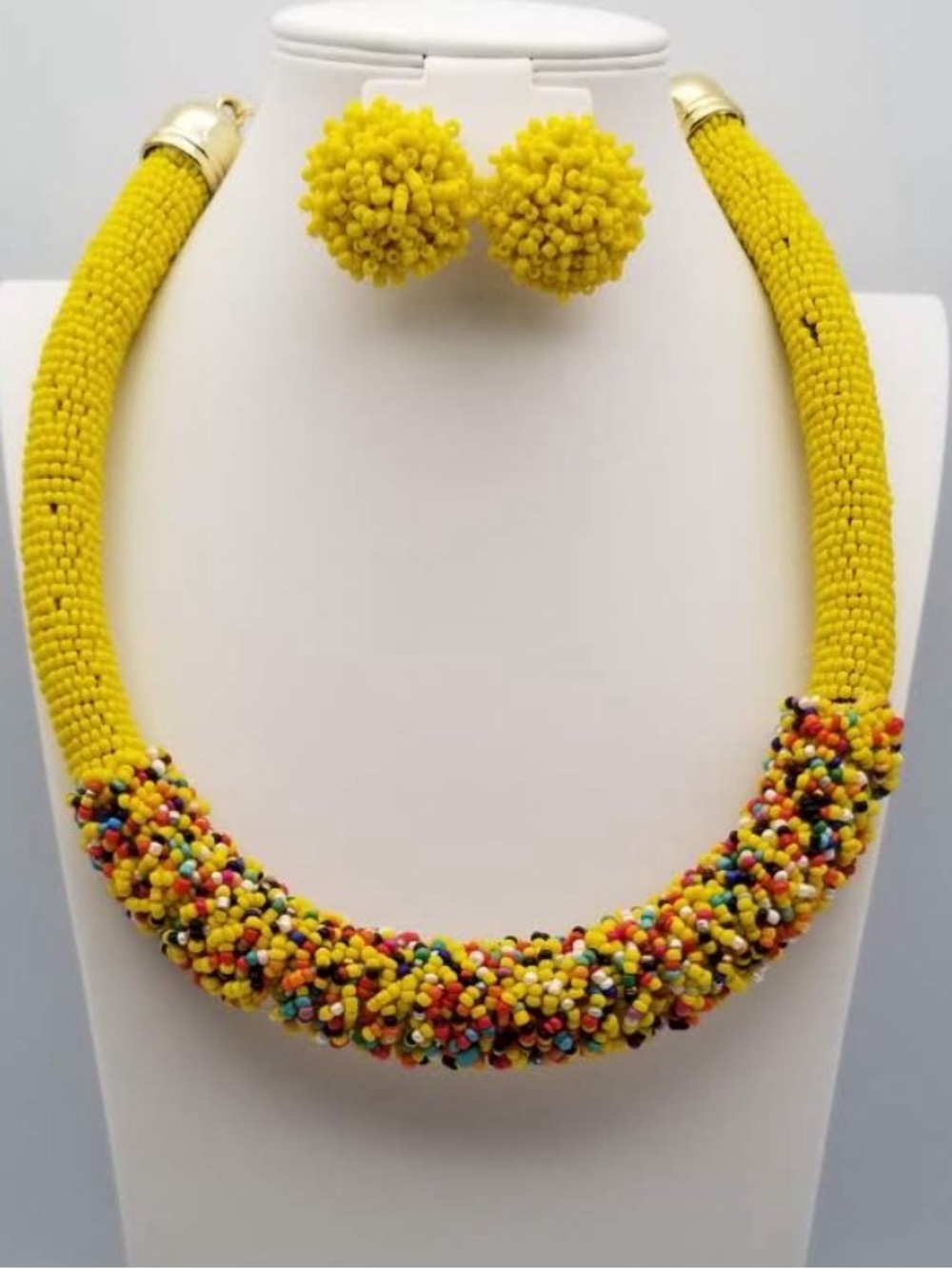 Yellow Beaded Statement Necklace and Earrings Set